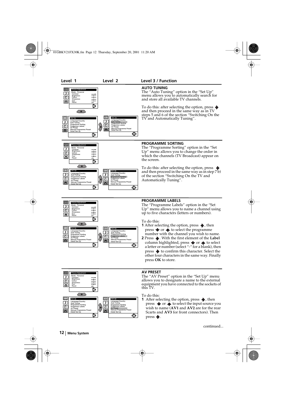Level 1 level 2 level 3 / function, Menu system | Sony KV-21FX30K User Manual | Page 11 / 135