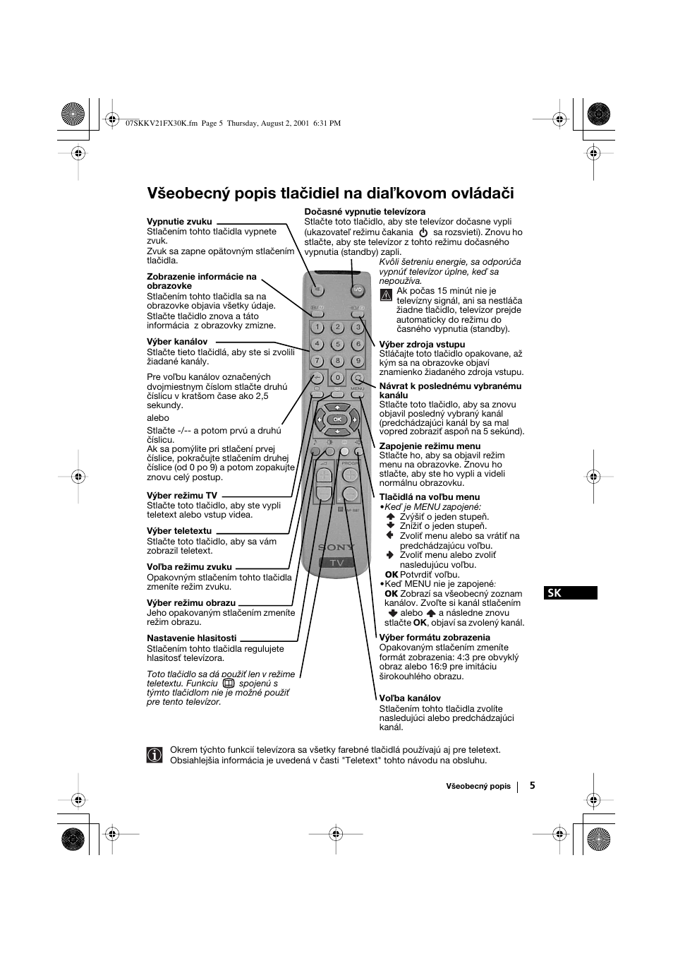 Všeobecný popis tlačidiel na diaľkovom ovládači | Sony KV-21FX30K User Manual | Page 118 / 135