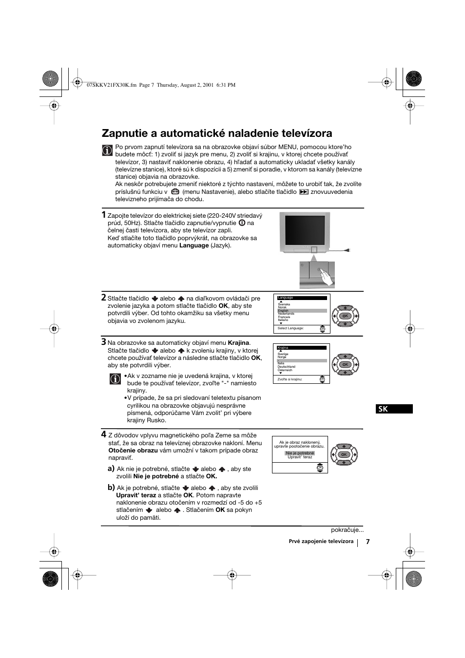 Zapnutie a automatické naladenie televízora | Sony KV-21FX30K User Manual | Page 120 / 135