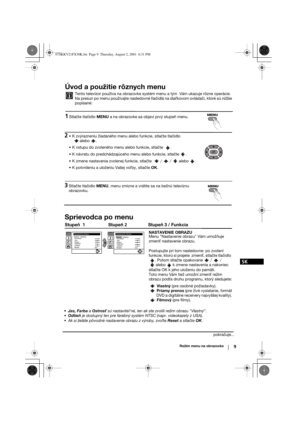 Úvod a použitie rôznych menu, Sprievodca po menu | Sony KV-21FX30K User Manual | Page 122 / 135