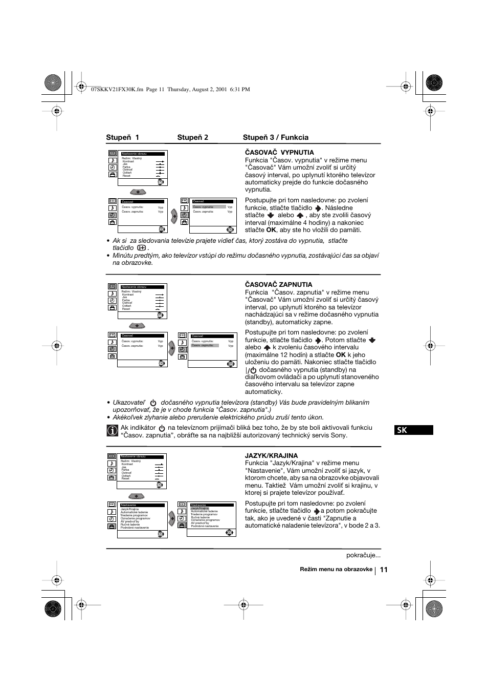 Stupeň 1 stupeň 2 stupeň 3 / funkcia | Sony KV-21FX30K User Manual | Page 124 / 135
