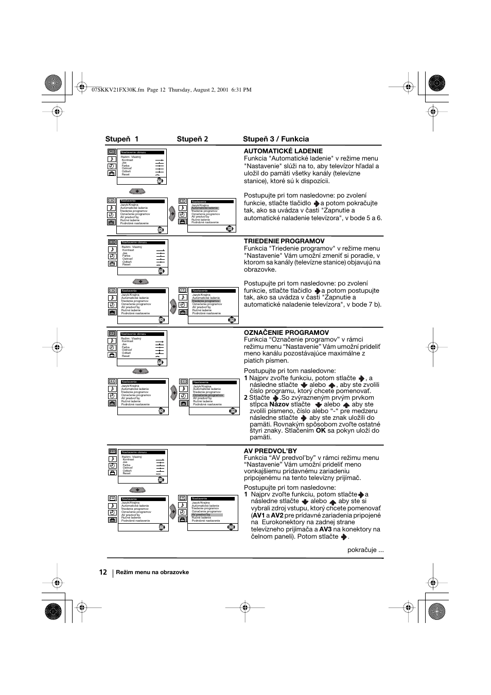 Stupeň 1 stupeň 2 stupeň 3 / funkcia | Sony KV-21FX30K User Manual | Page 125 / 135