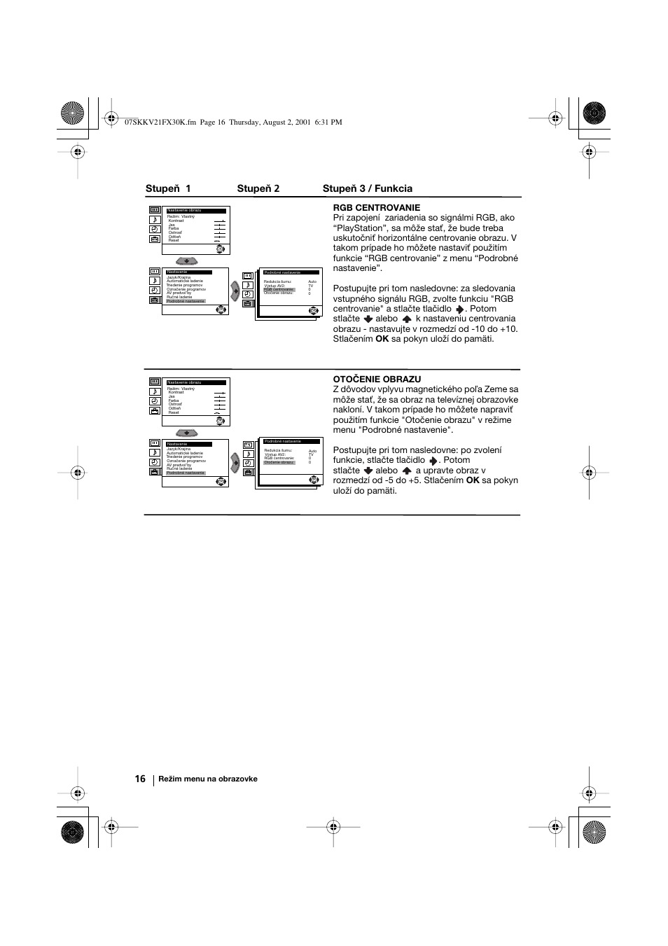 Stupeň 1 stupeň 2 stupeň 3 / funkcia | Sony KV-21FX30K User Manual | Page 129 / 135