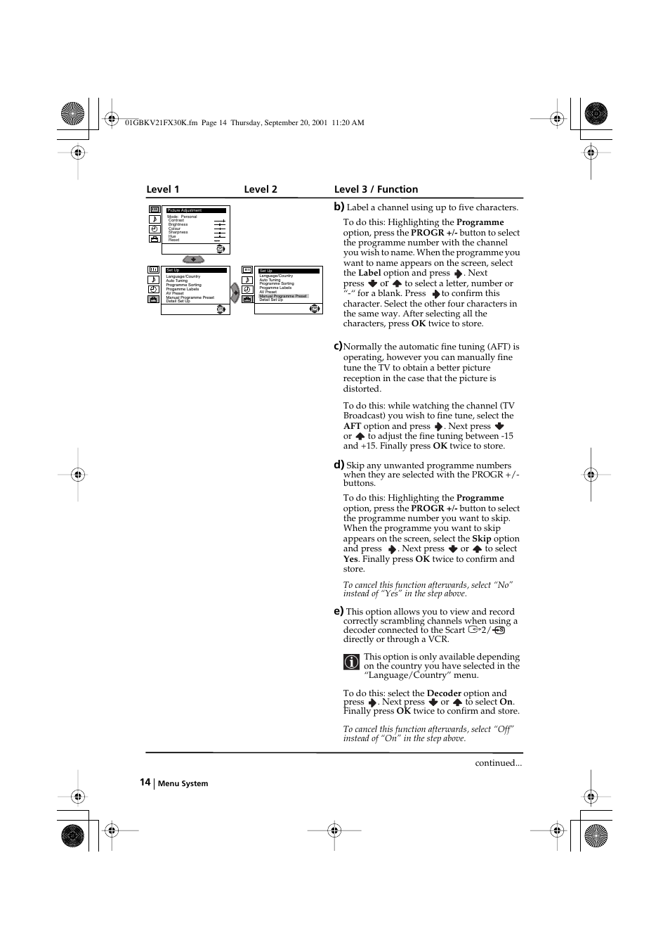 Level 1 level 2 level 3 / function | Sony KV-21FX30K User Manual | Page 13 / 135