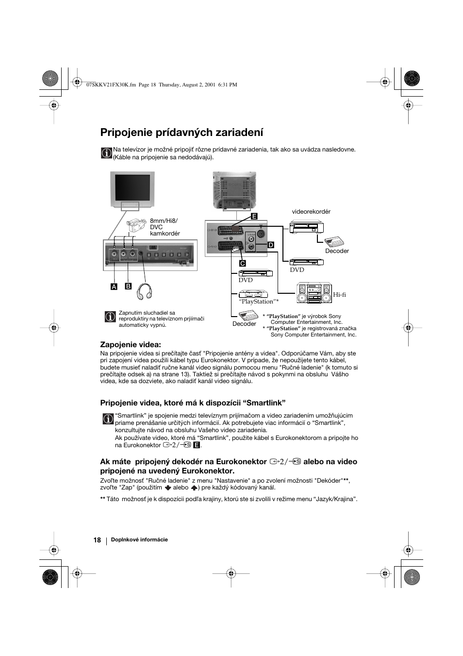 Pripojenie prídavných zariadení, Zapojenie videa, Pripojenie videa, ktoré má k dispozícii “smartlink | Sony KV-21FX30K User Manual | Page 131 / 135