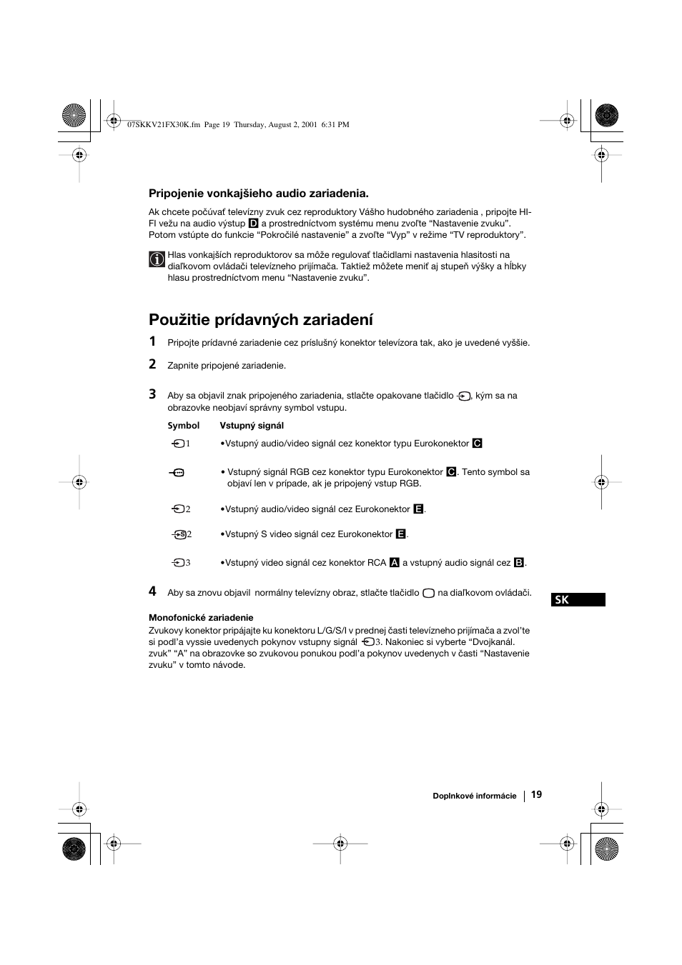 Použitie prídavných zariadení | Sony KV-21FX30K User Manual | Page 132 / 135