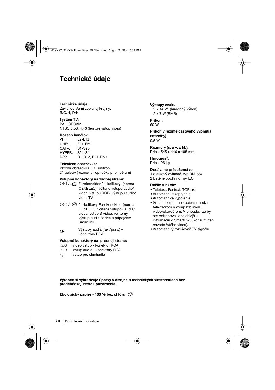 Technické údaje | Sony KV-21FX30K User Manual | Page 133 / 135