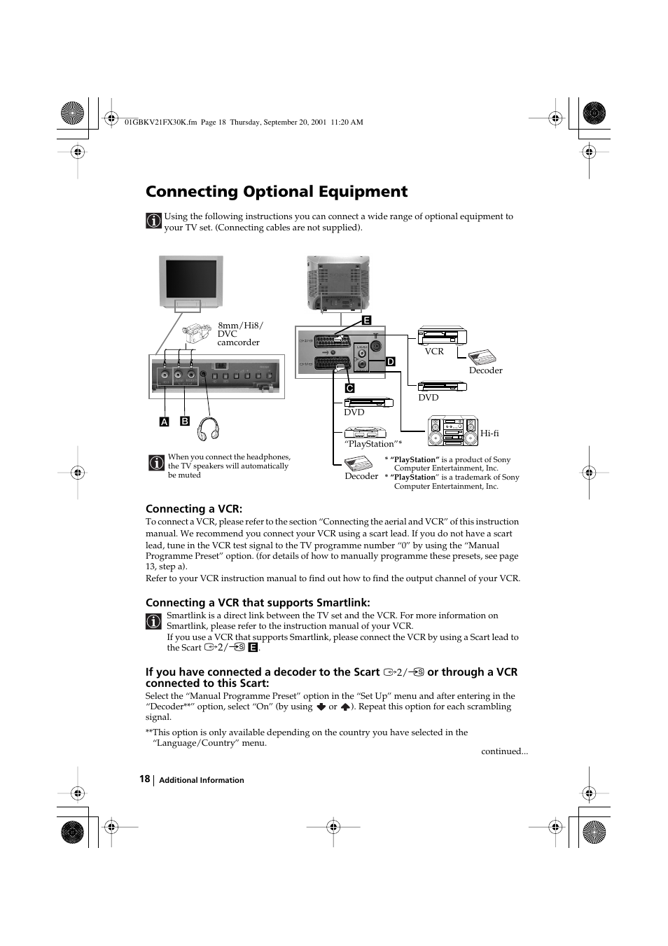 Connecting optional equipment, Connecting a vcr, Connecting a vcr that supports smartlink | If you have connected a decoder to the scart, Or through a vcr connected to this scart | Sony KV-21FX30K User Manual | Page 17 / 135