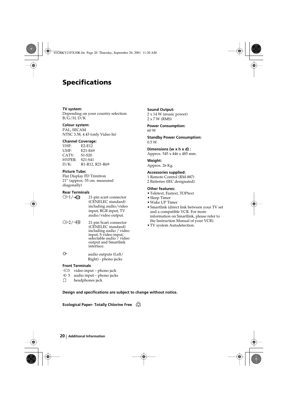Specifications | Sony KV-21FX30K User Manual | Page 19 / 135