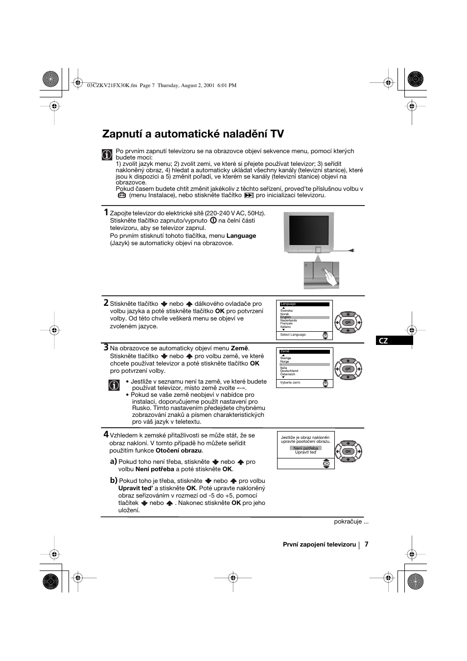 Zapnutí a automatické naladění tv | Sony KV-21FX30K User Manual | Page 44 / 135