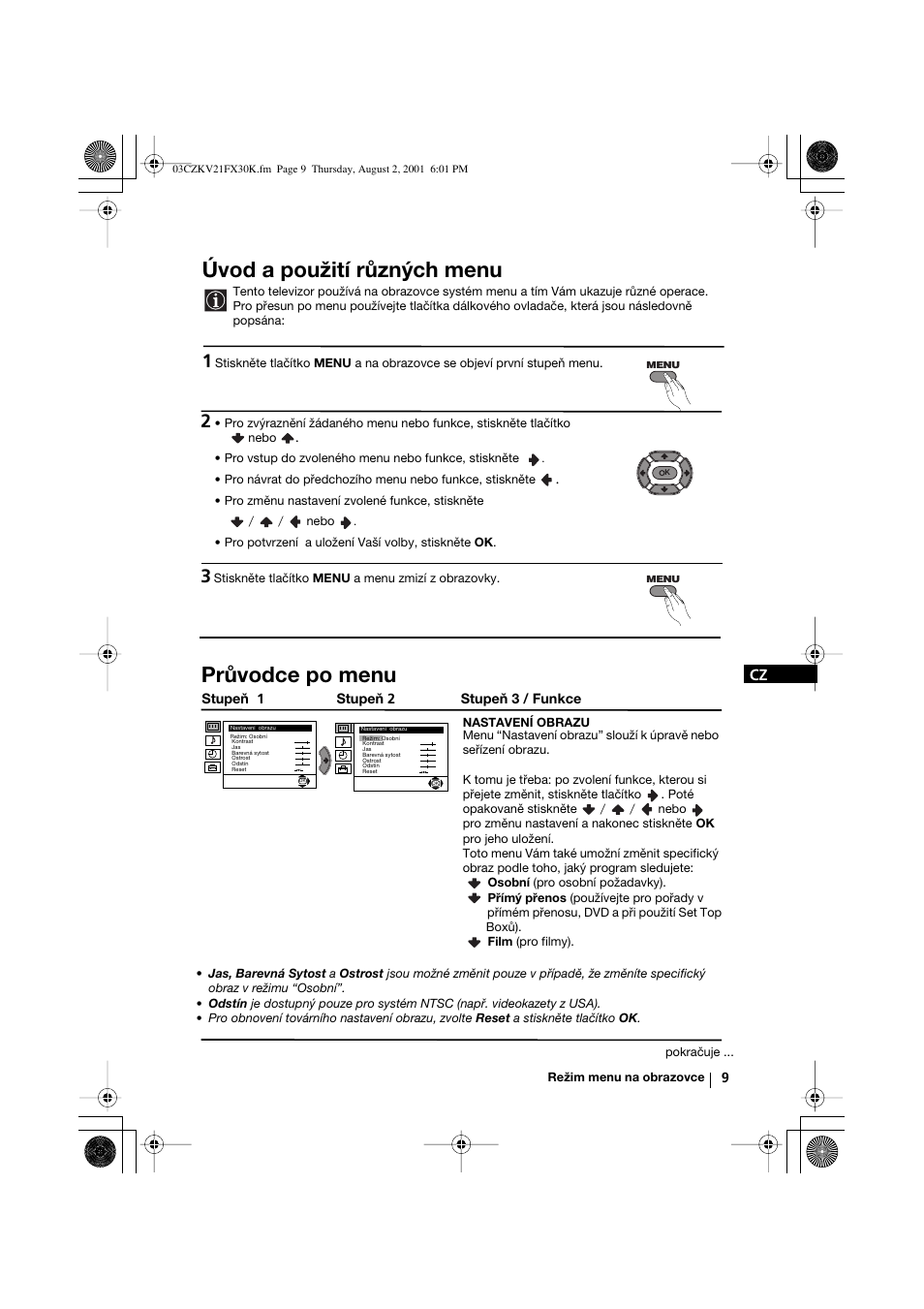 Úvod a použití různých menu, Průvodce po menu | Sony KV-21FX30K User Manual | Page 46 / 135