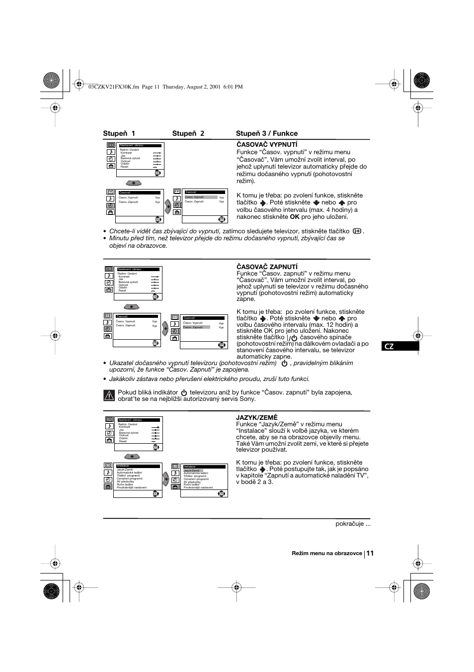 Stupeň 1 stupeň 2 stupeň 3 / funkce | Sony KV-21FX30K User Manual | Page 48 / 135