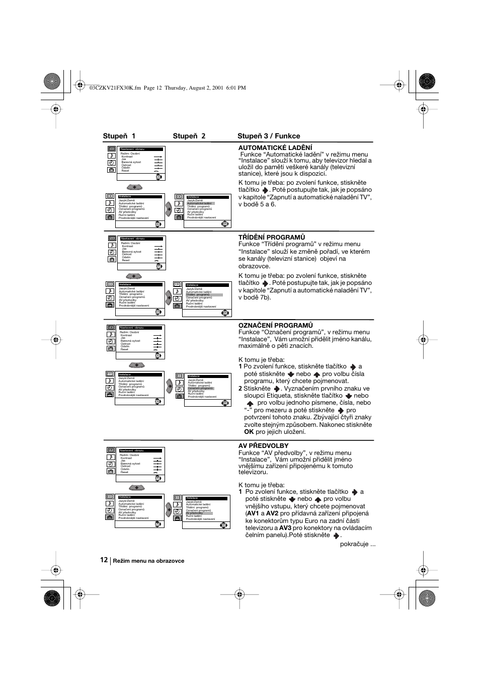 Stupeň 1 stupeň 2 stupeň 3 / funkce | Sony KV-21FX30K User Manual | Page 49 / 135