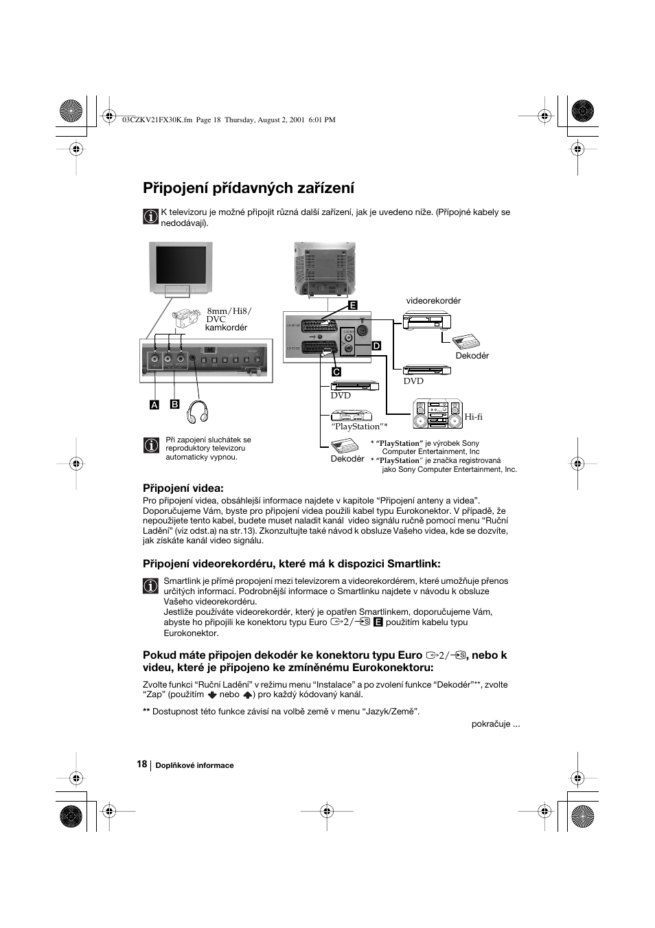 Připojení přídavných zařízení, Připojení videa, Pokud máte připojen dekodér ke konektoru typu euro | Sony KV-21FX30K User Manual | Page 55 / 135