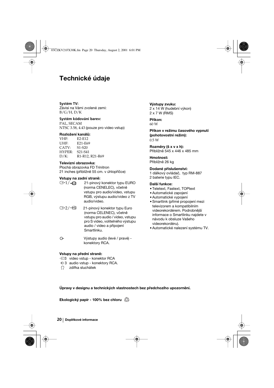 Technické údaje | Sony KV-21FX30K User Manual | Page 57 / 135