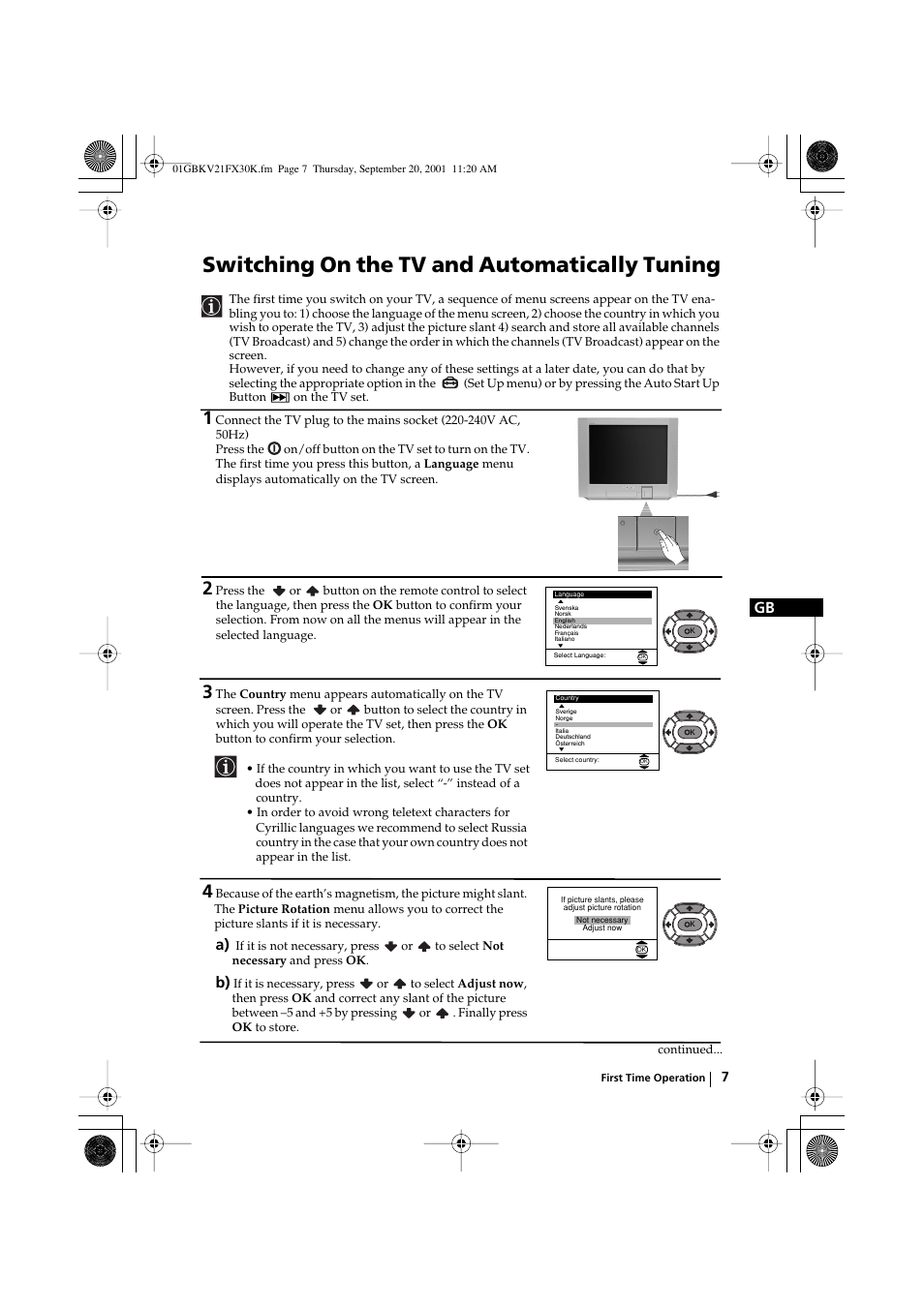 Switching on the tv and automatically tuning | Sony KV-21FX30K User Manual | Page 6 / 135