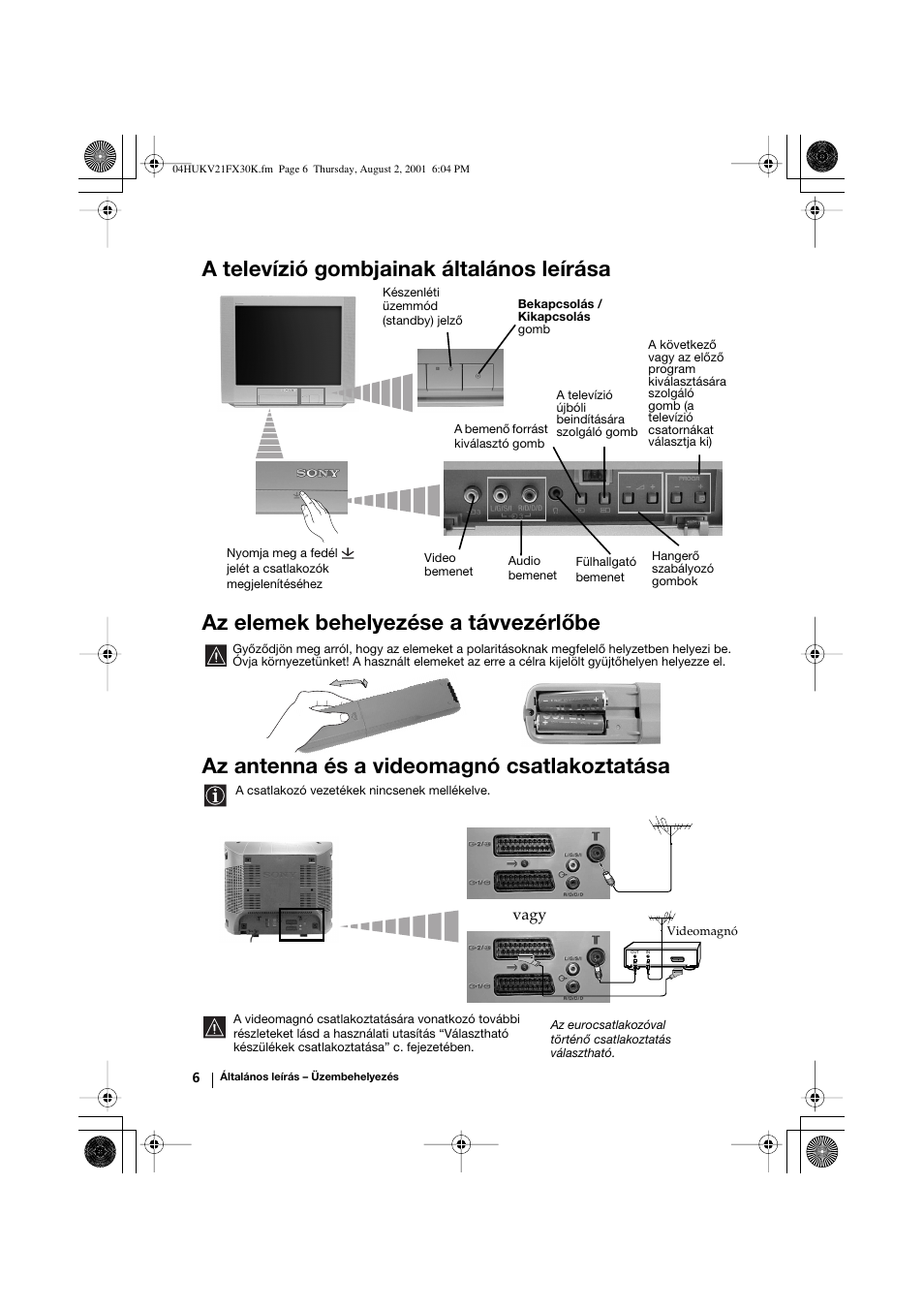 Az antenna és a videomagnó csatlakoztatása | Sony KV-21FX30K User Manual | Page 62 / 135