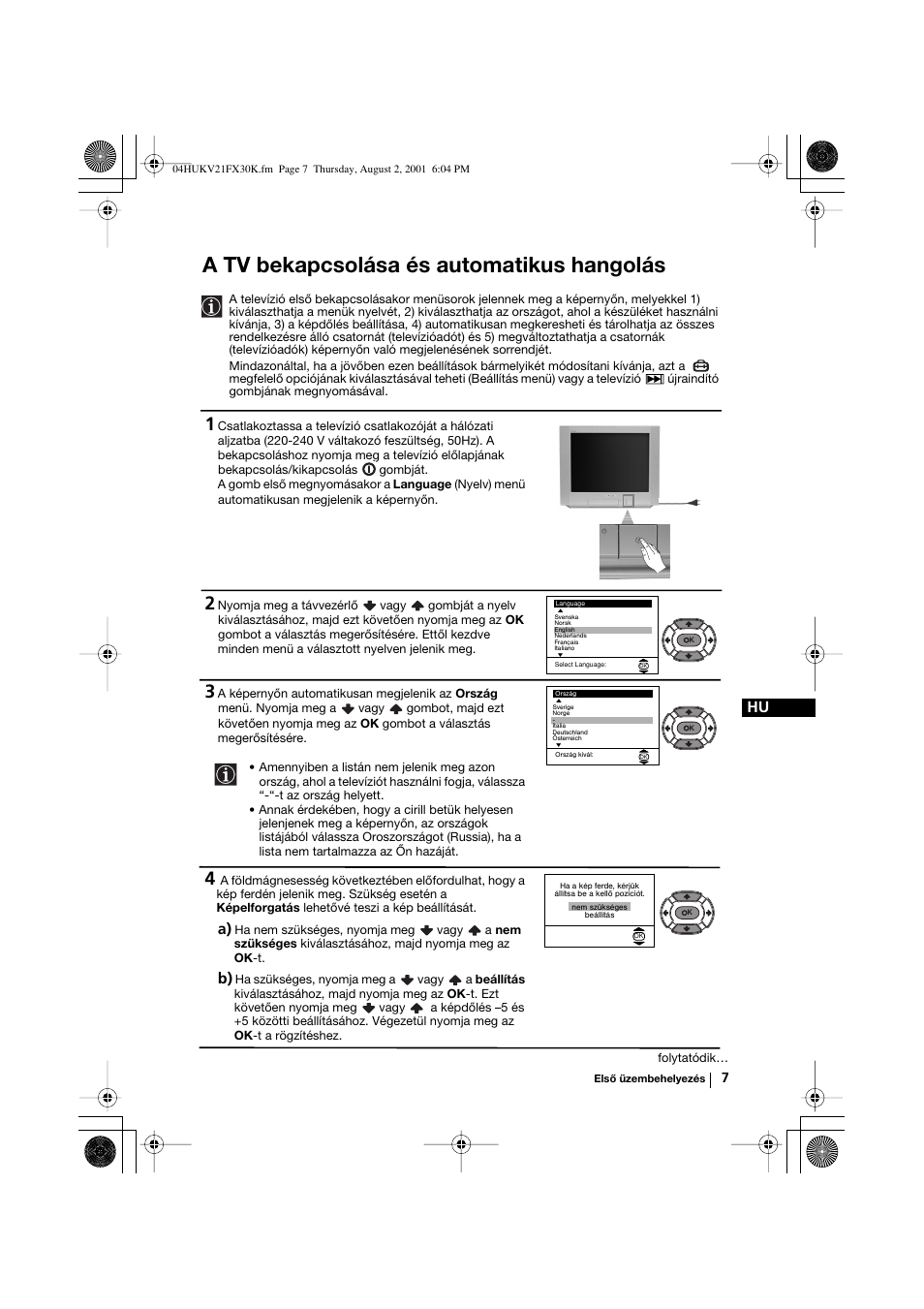 A tv bekapcsolása és automatikus hangolás | Sony KV-21FX30K User Manual | Page 63 / 135