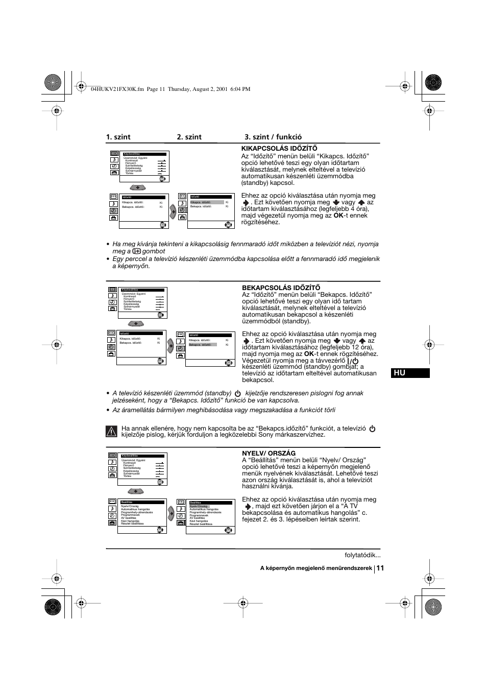 Szint 2. szint 3. szint / funkció, Folytatódik | Sony KV-21FX30K User Manual | Page 67 / 135