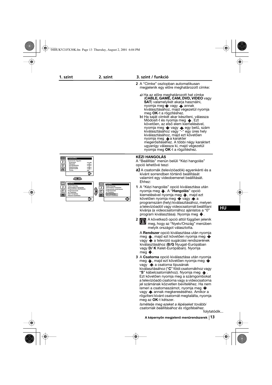 Szint 2. szint 3. szint / funkció | Sony KV-21FX30K User Manual | Page 69 / 135