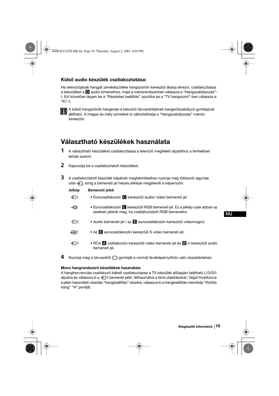 Választható készülékek használata | Sony KV-21FX30K User Manual | Page 75 / 135