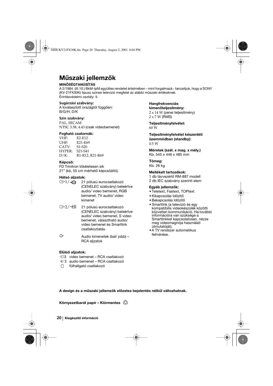 Műszaki jellemzők | Sony KV-21FX30K User Manual | Page 76 / 135