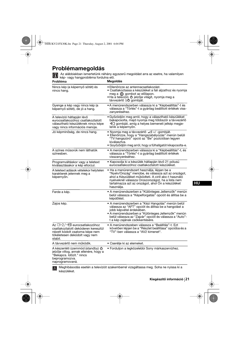 Problémamegoldás | Sony KV-21FX30K User Manual | Page 77 / 135