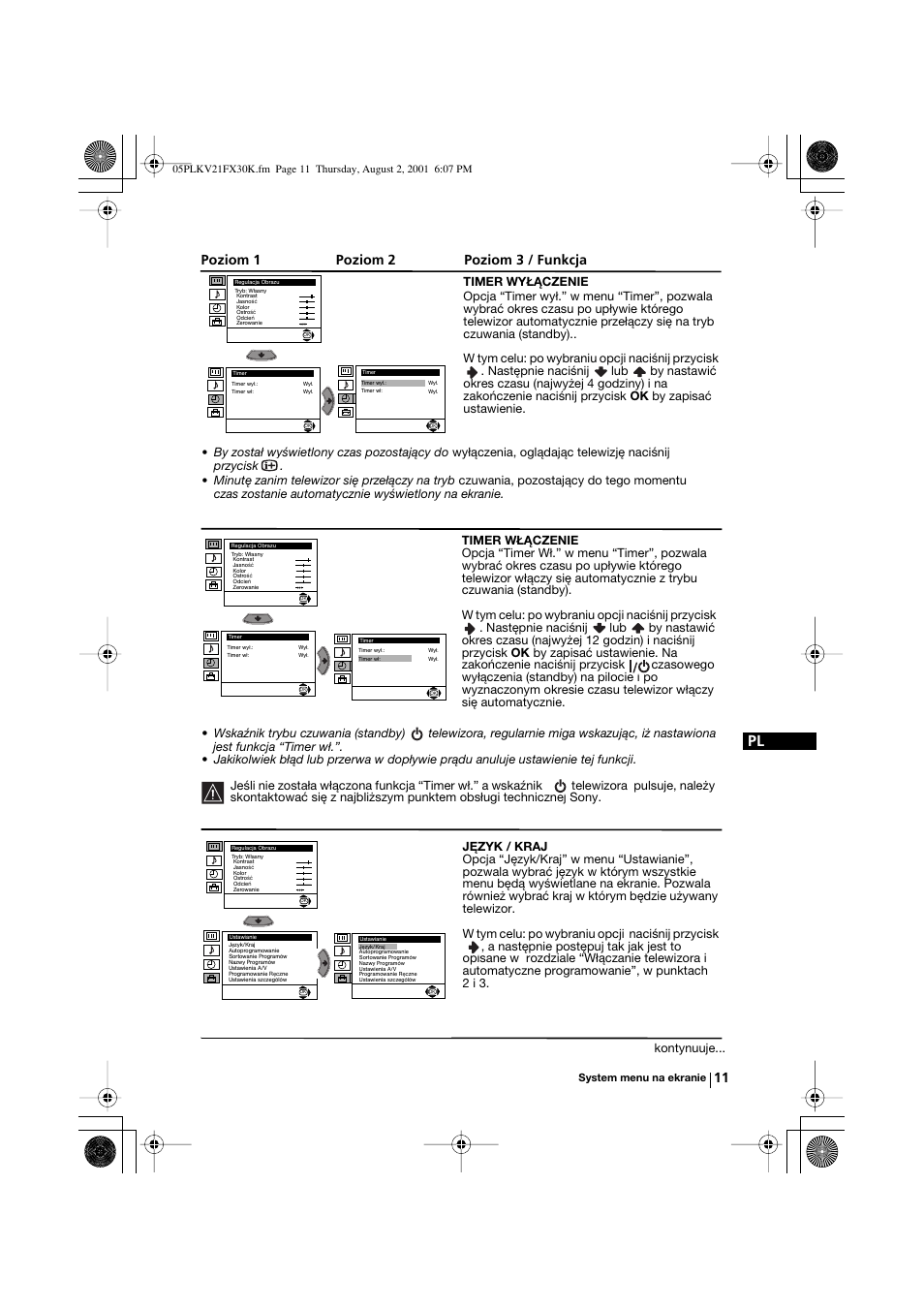 Poziom 1 poziom 2 poziom 3 / funkcja, Kontynuuje | Sony KV-21FX30K User Manual | Page 86 / 135