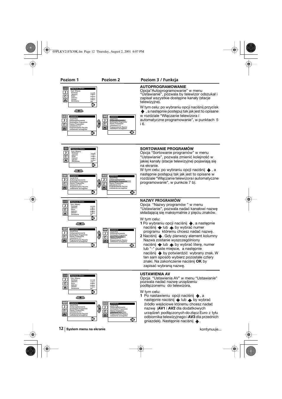 Poziom 1 poziom 2 poziom 3 / funkcja, System menu na ekranie | Sony KV-21FX30K User Manual | Page 87 / 135