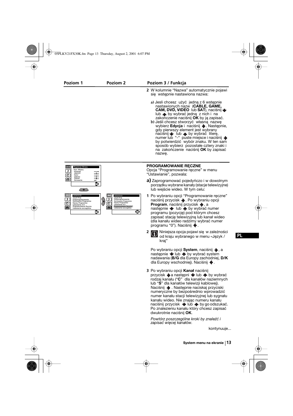 Poziom 1 poziom 2 poziom 3 / funkcja | Sony KV-21FX30K User Manual | Page 88 / 135