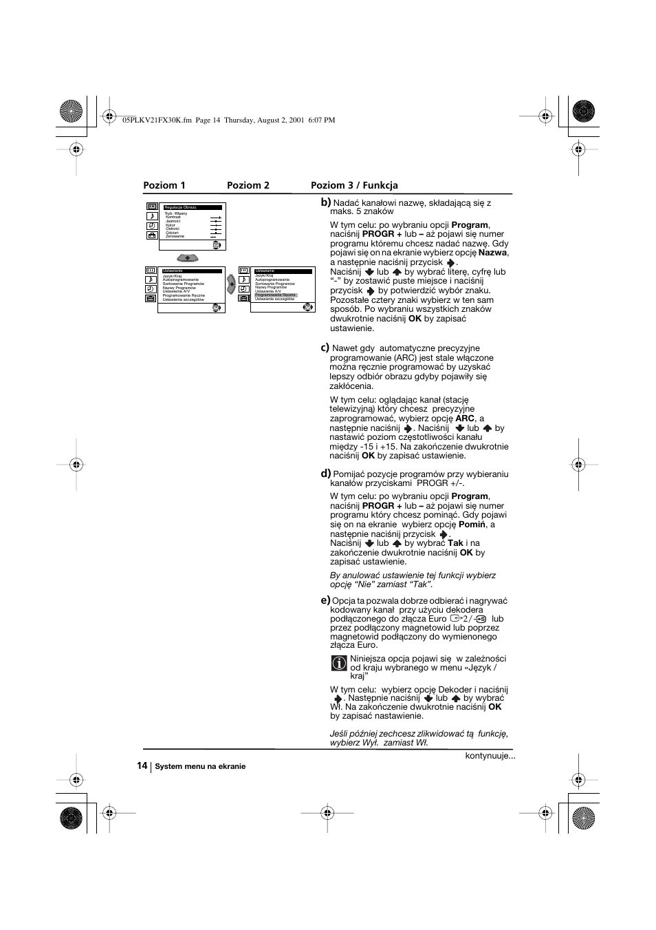 Poziom 1 poziom 2 poziom 3 / funkcja | Sony KV-21FX30K User Manual | Page 89 / 135