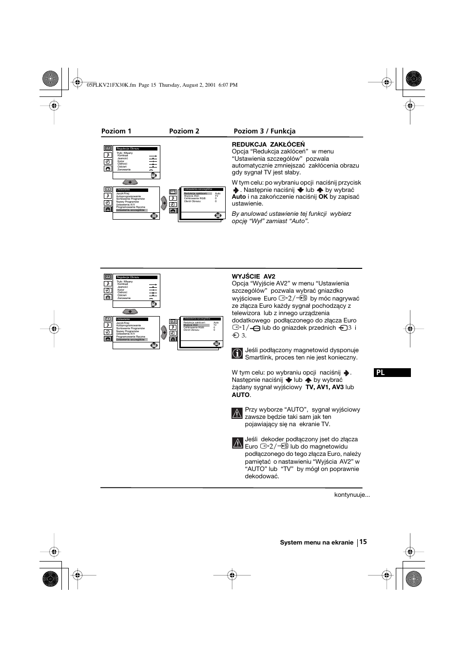 Poziom 1 poziom 2 poziom 3 / funkcja, Kontynuuje | Sony KV-21FX30K User Manual | Page 90 / 135
