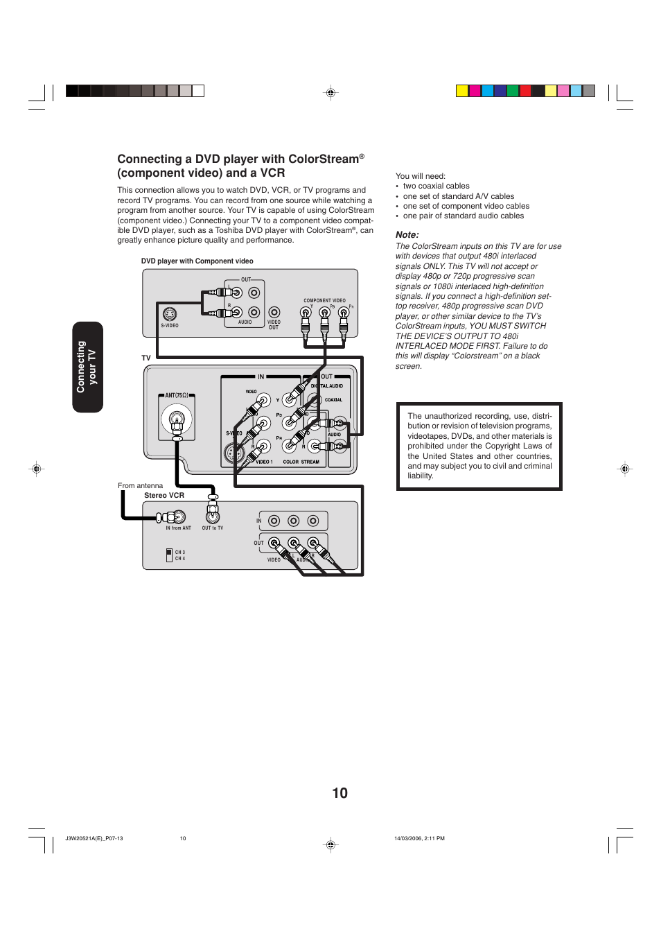 Connecting a dvd player with colorstream, Component video) and a vcr, Connecting your tv | Toshiba 27DF46 User Manual | Page 10 / 76