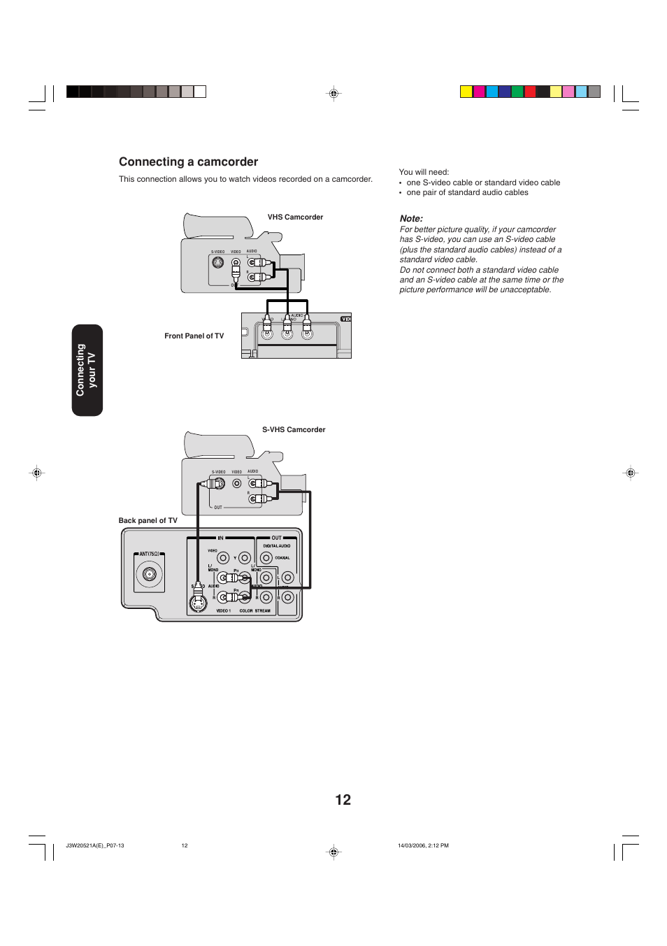 Connecting a camcorder, Connecting your tv | Toshiba 27DF46 User Manual | Page 12 / 76