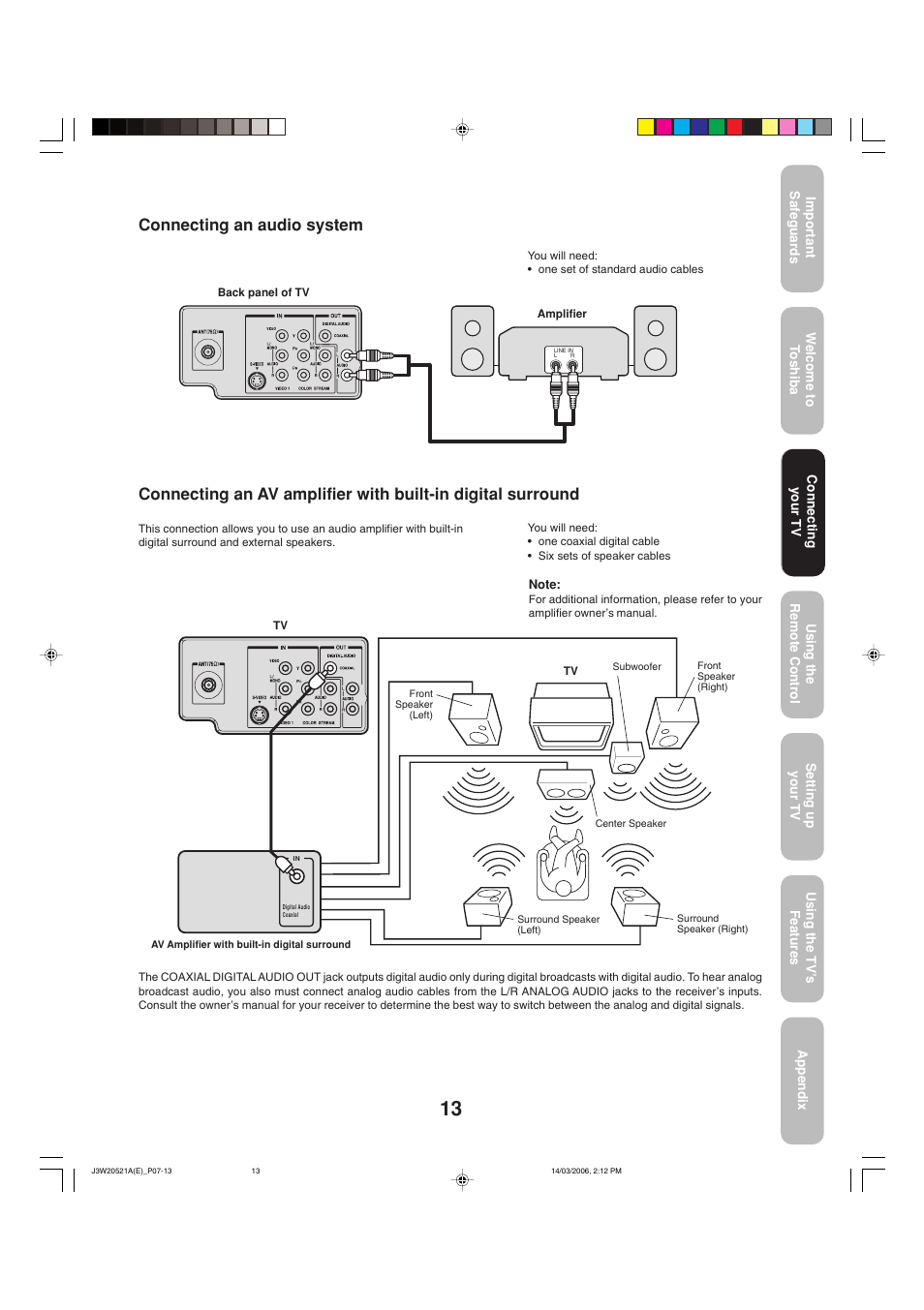 Connecting an audio system | Toshiba 27DF46 User Manual | Page 13 / 76