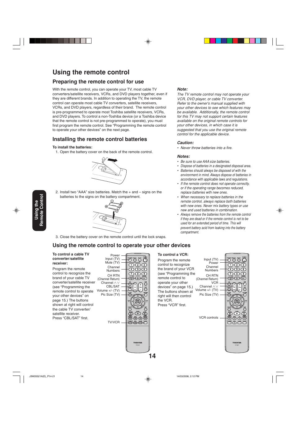 14 using the remote control, Preparing the remote control for use, Installing the remote control batteries | Toshiba 27DF46 User Manual | Page 14 / 76