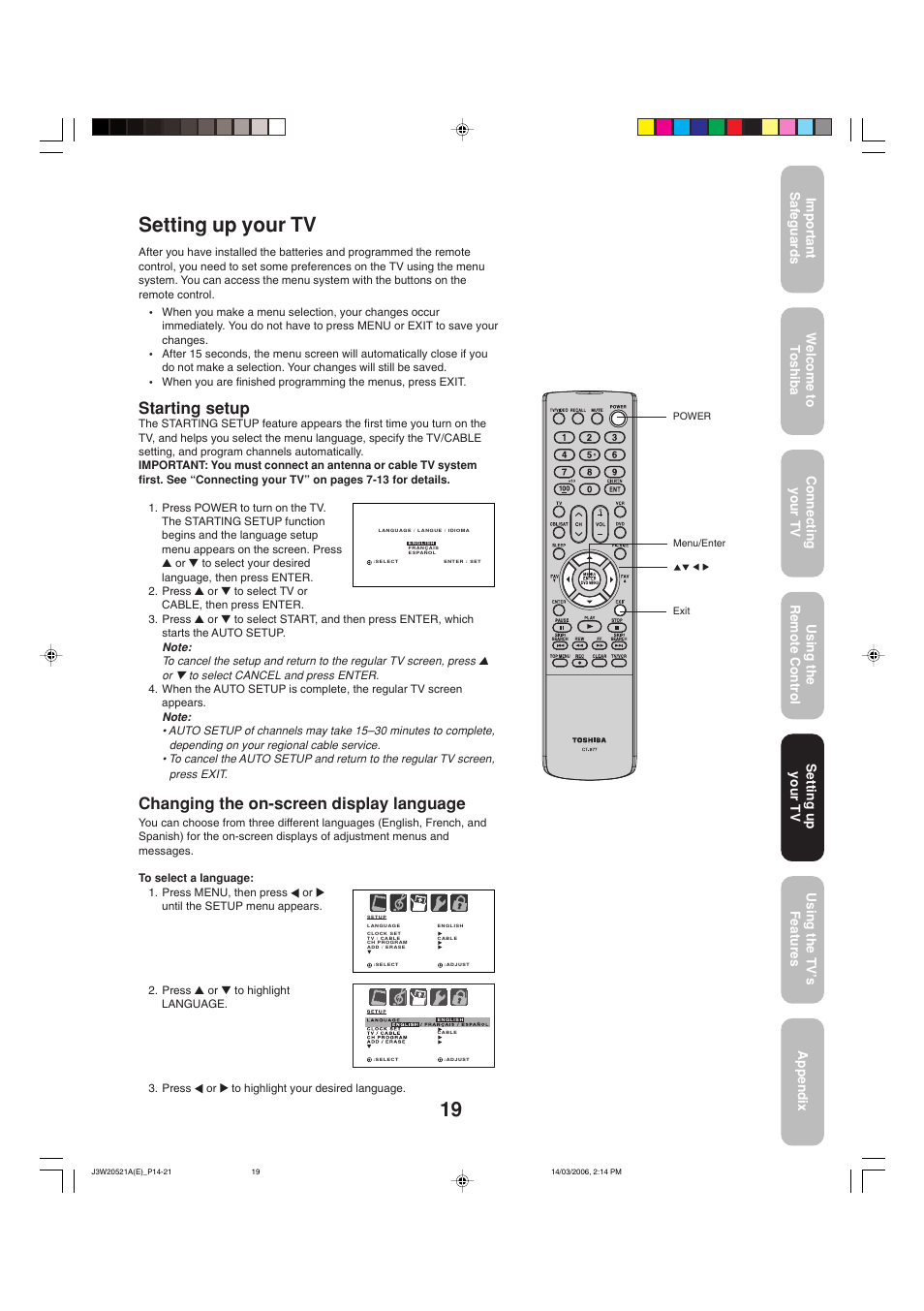 Setting up your tv, Starting setup, Changing the on-screen display language | Toshiba 27DF46 User Manual | Page 19 / 76