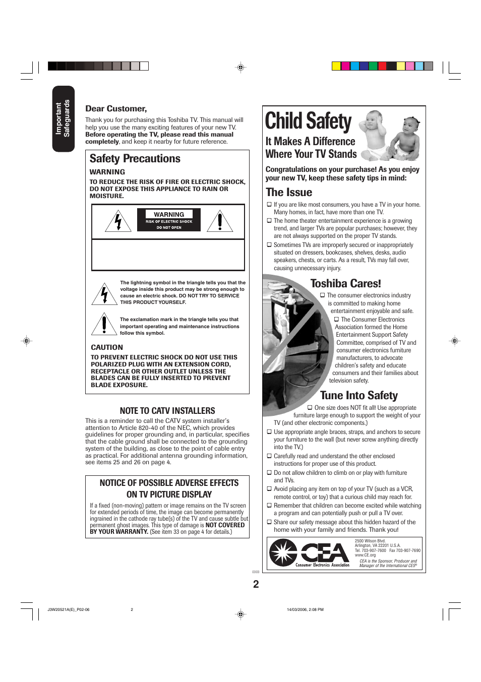 Child safety, It makes a difference where your tv stands, The issue | Toshiba cares, Tune into safety, Safety precautions | Toshiba 27DF46 User Manual | Page 2 / 76