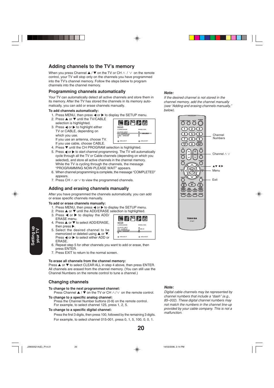 Programming channels automatically, Adding and erasing channels manually, Changing channels | Toshiba 27DF46 User Manual | Page 20 / 76