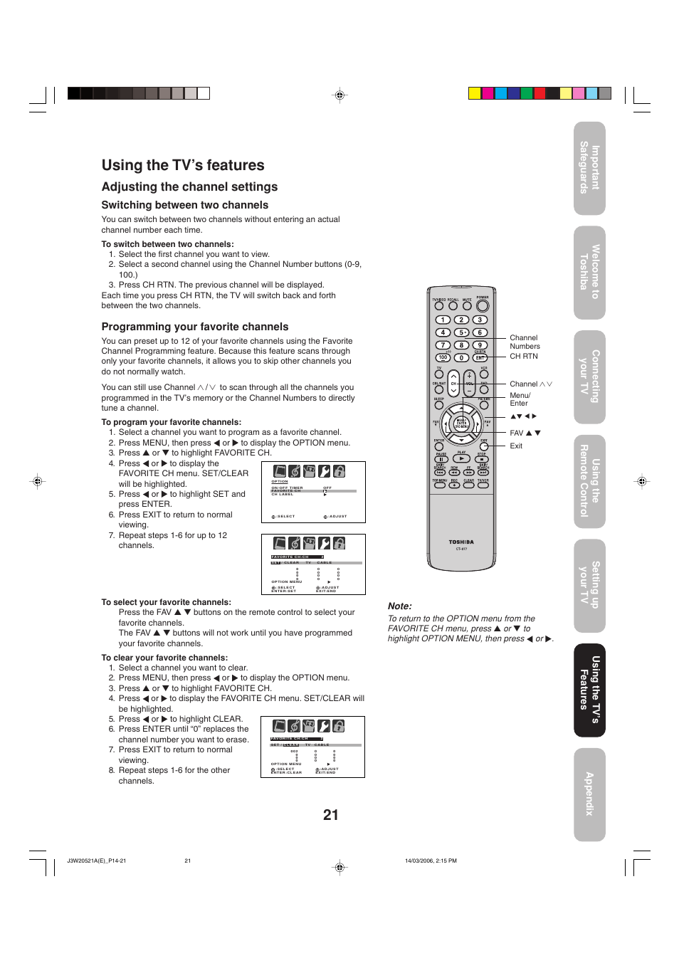 Using the tv’s features, Adjusting the channel settings, Switching between two channels | Programming your favorite channels, Using the tv ’s features | Toshiba 27DF46 User Manual | Page 21 / 76