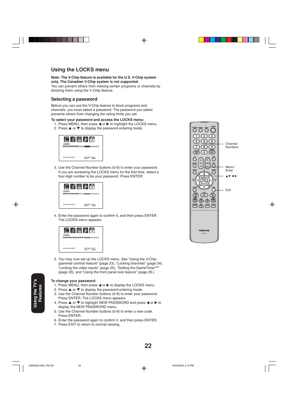 Using the locks menu, Selecting a password, Using the tv ’s features | Toshiba 27DF46 User Manual | Page 22 / 76