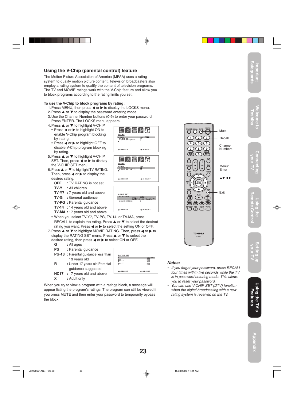 Using the v-chip (parental control) feature, Using the tv ’s features | Toshiba 27DF46 User Manual | Page 23 / 76