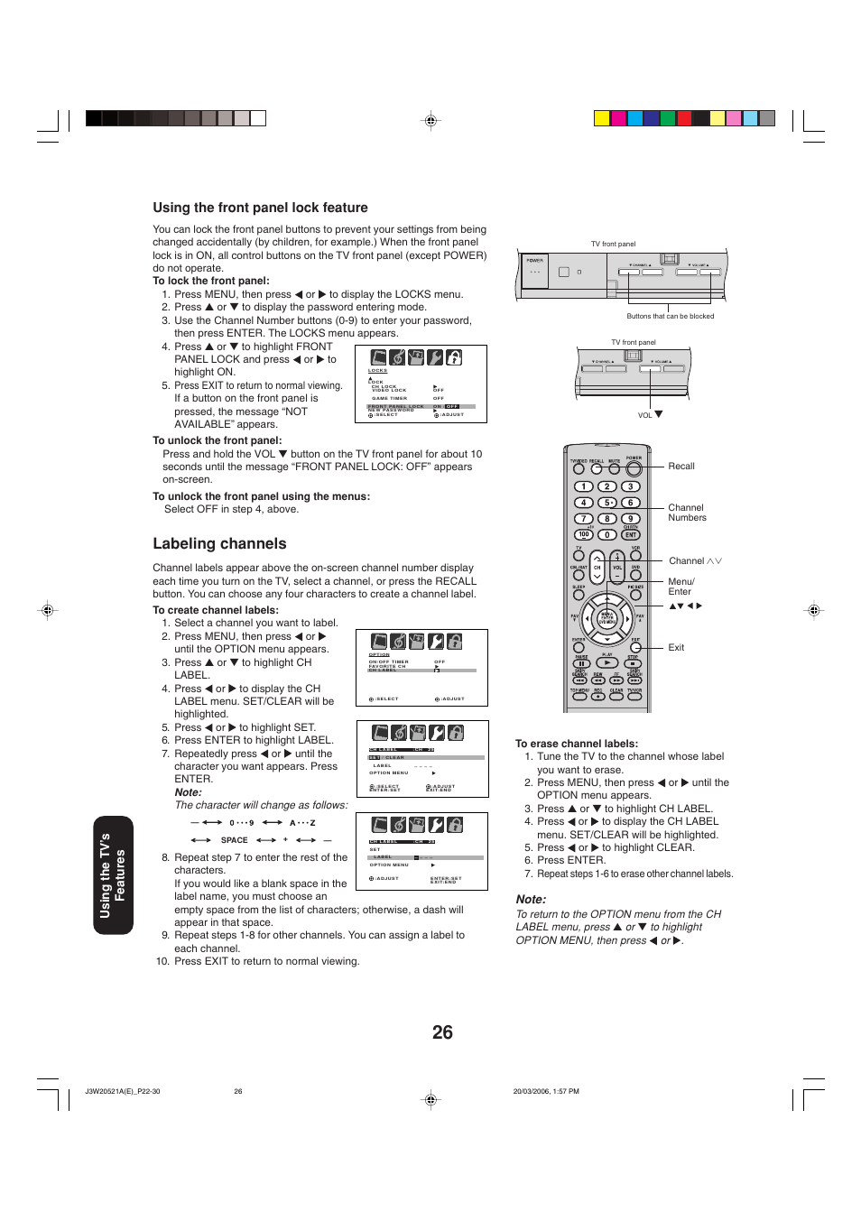 Labeling channels, Using the front panel lock feature, Using the tv ’s features | Toshiba 27DF46 User Manual | Page 26 / 76