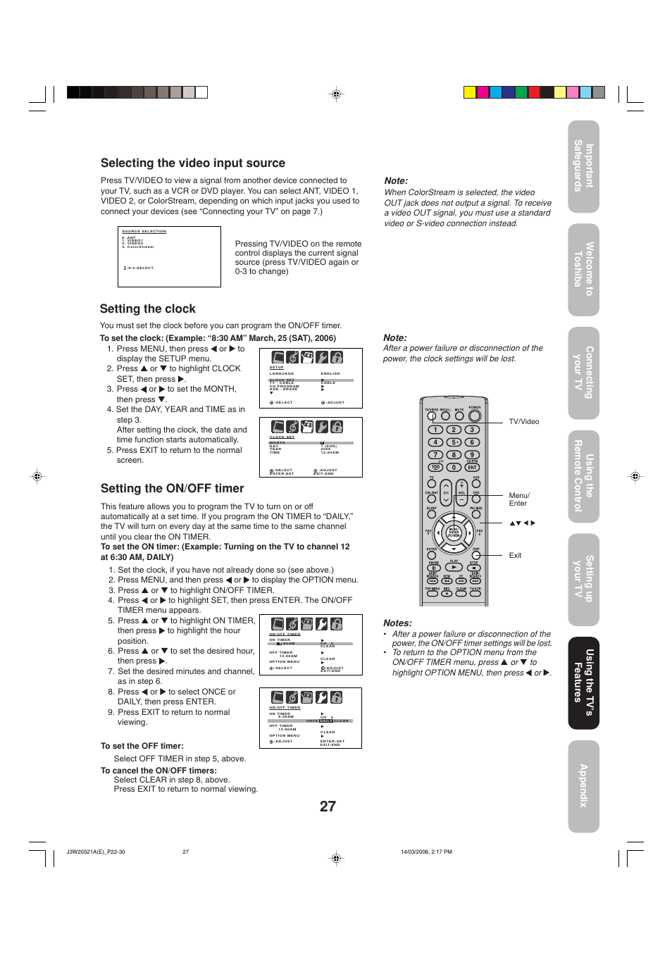 Selecting the video input source, Setting the clock, Setting the on/off timer | Toshiba 27DF46 User Manual | Page 27 / 76