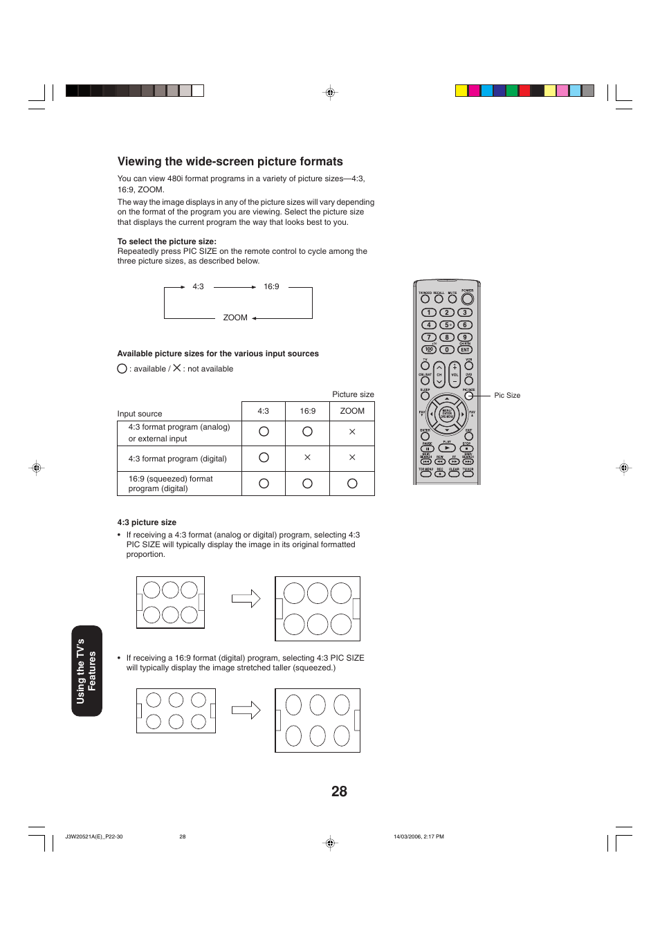 Viewing the wide-screen picture formats | Toshiba 27DF46 User Manual | Page 28 / 76