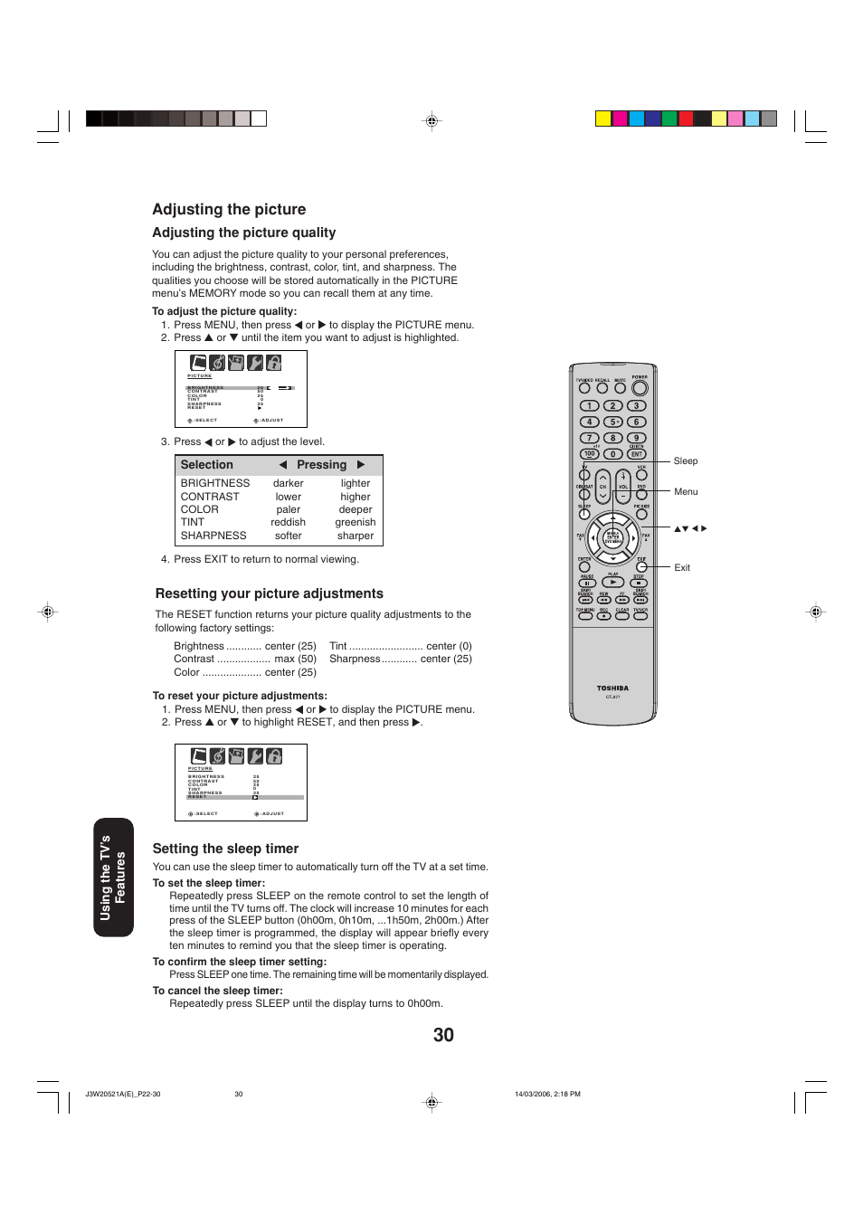 Adjusting the picture, Adjusting the picture quality, Resetting your picture adjustments | Setting the sleep timer | Toshiba 27DF46 User Manual | Page 30 / 76