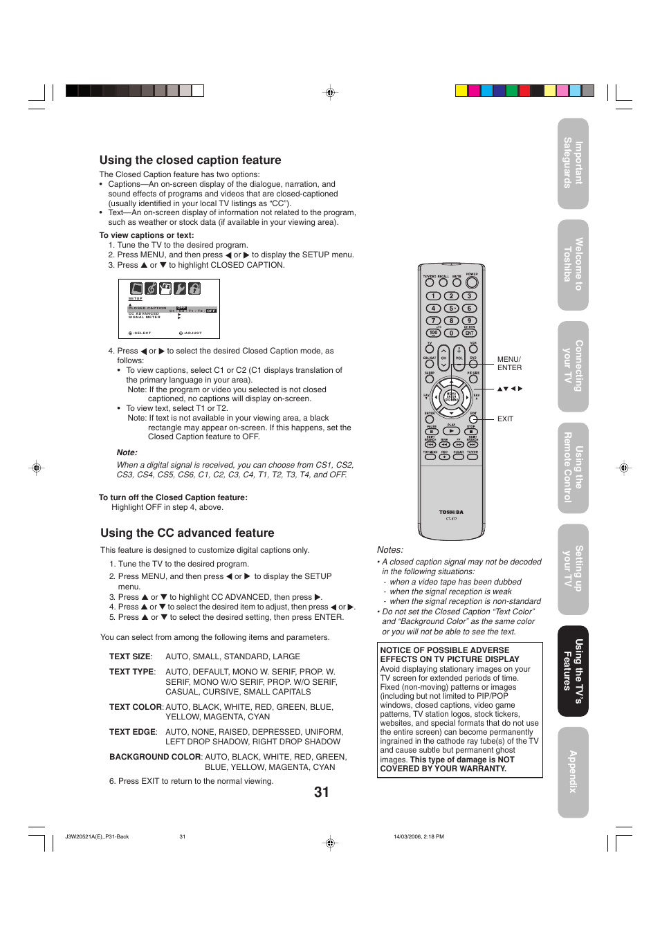 Using the closed caption feature, Using the cc advanced feature | Toshiba 27DF46 User Manual | Page 31 / 76