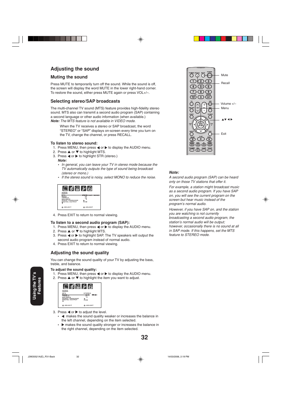 Adjusting the sound, Adjusting the sound quality, Muting the sound | Selecting stereo/sap broadcasts | Toshiba 27DF46 User Manual | Page 32 / 76