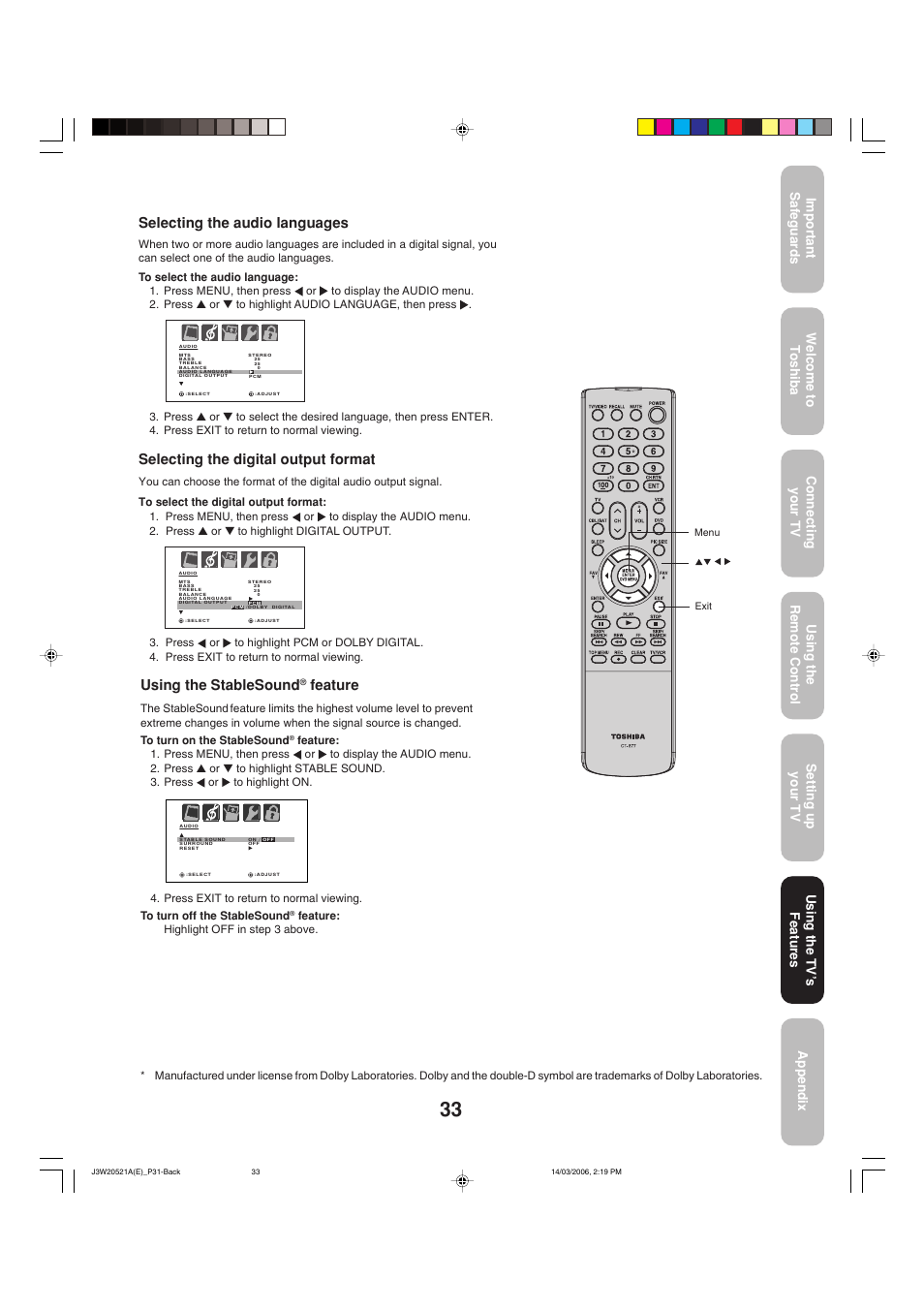 Using the stablesound, Feature, Selecting the audio languages | Selecting the digital output format, Using the tv ’s features | Toshiba 27DF46 User Manual | Page 33 / 76