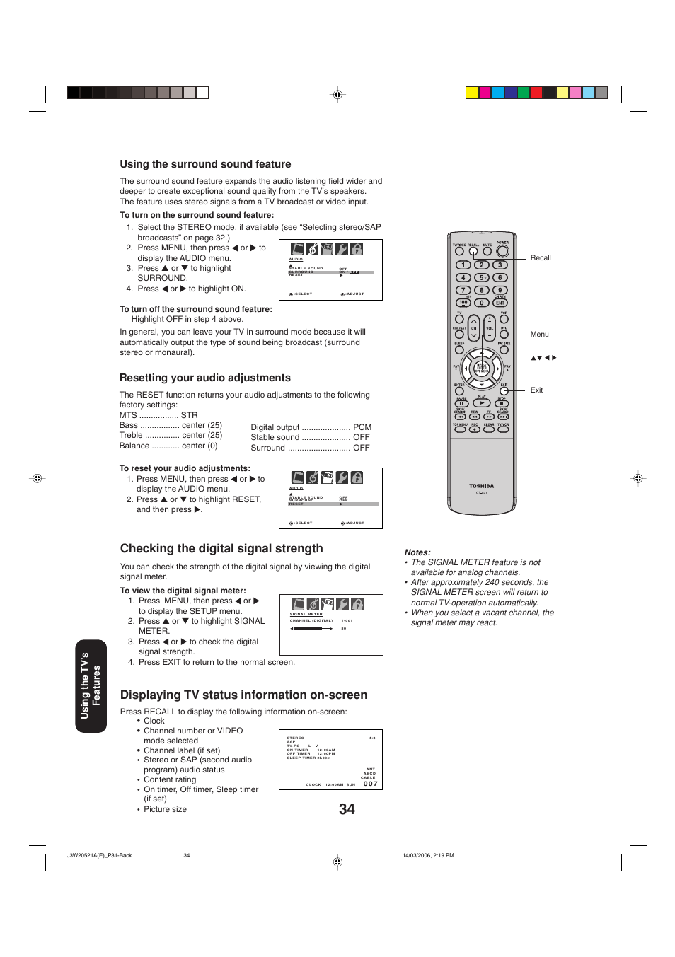 Checking the digital signal strength, Displaying tv status information on-screen, Resetting your audio adjustments | Using the surround sound feature, Using the tv ’s features | Toshiba 27DF46 User Manual | Page 34 / 76